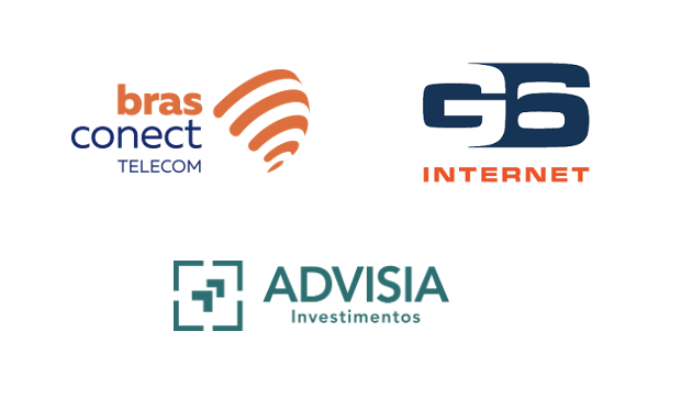Logos da Bras Conect Telegom, G6 Internet e Advisia Investimentos